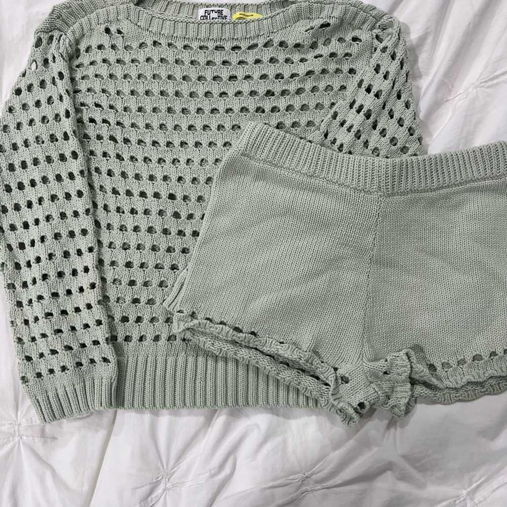 Green Knit Sweater and Shorts Set